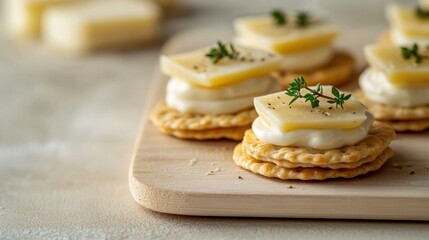 Gourmet crackers with brie cheese, apple slices, and herb garnish on wooden board
