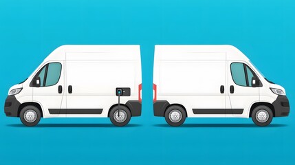 Naklejka premium Two white delivery vans are positioned side by side against a bright blue background, showcasing their modern design and ample cargo space.
