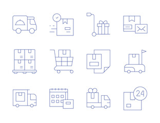 Delivery icons. Thin Line style, editable stroke. package, packing, delivery box, delivery day, delivery package, delivery truck, delivery