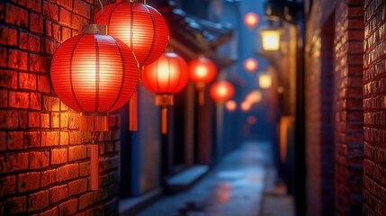 Illuminated red lanterns adorning narrow alley in traditional asian evening scene
