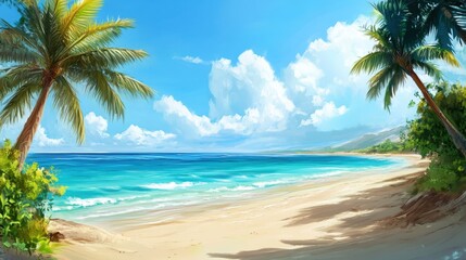 Palm trees frame an idyllic beach scene.