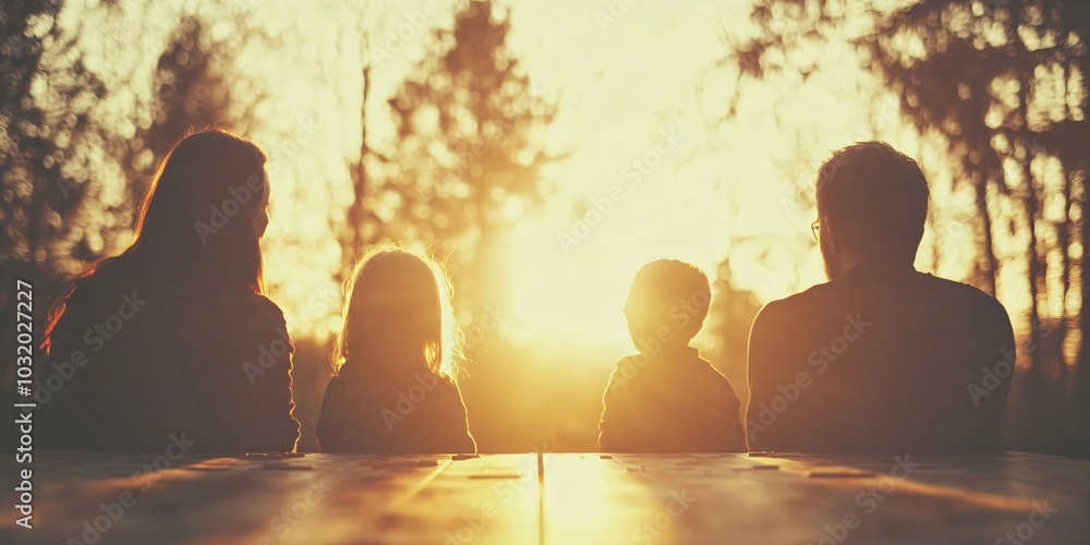 Wall mural family silhouettes watching sunset together outdoors. peaceful evening lifestyle concept. parent chi