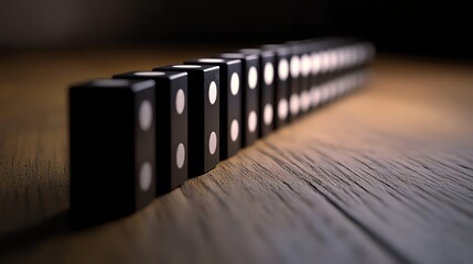 A row of dominoes lined up on a wooden table, ready to fall.