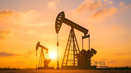 Silhouettes of oil pumps against a vibrant sunset, symbolizing energy production and the oil industry.