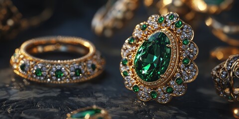 Gold jewelry with large emerald gemstone.