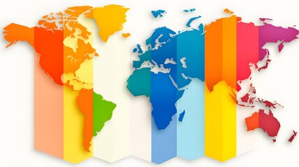 A vibrant, abstract world map featuring colorful segments representing different continents and regions.