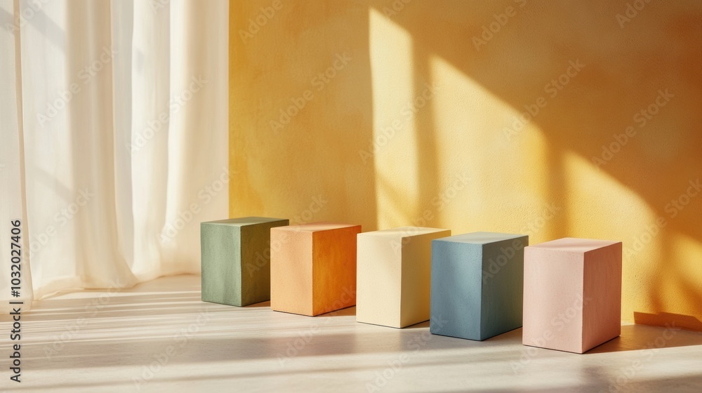Poster minimalist gradient blocks, a series of uniform shapes displaying gentle color transitions, creating