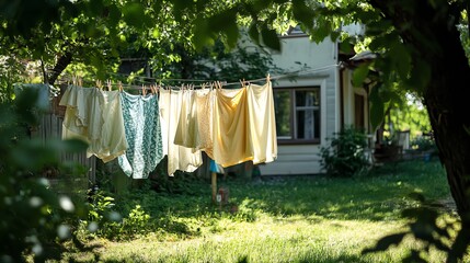Colorful laundry hanging in a sunny garden, surrounded by green leaves.