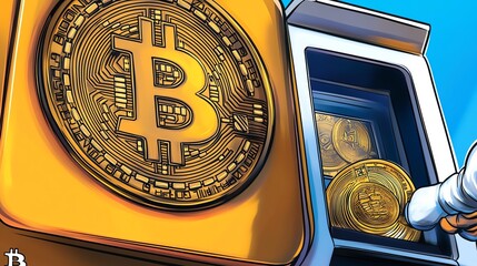 Illustrated concept of Bitcoin ATM, showcasing cryptocurrency transactions and digital currency exchange with vibrant visuals.