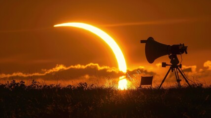 Solar eclipse observation during sunset with telescope silhouette