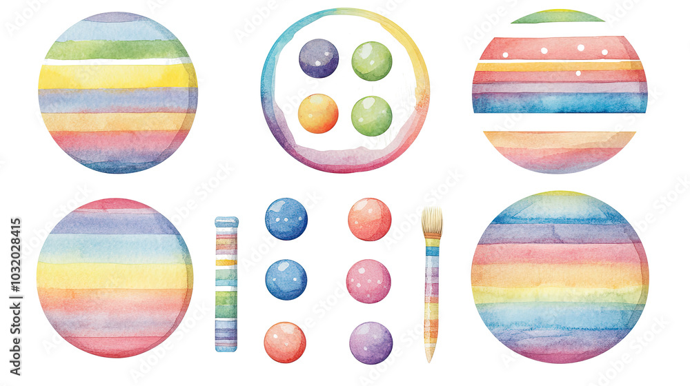 Poster colorful collection of round watercolor frames with rainbow patterns generative ai