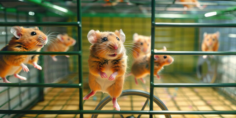 A cage of tiny hamsters running on an exercise wheel, their brown fur and orange cheeks making them look like tiny teddy bears.