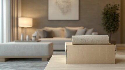 Modern minimalist living room with neutral decor and stacked towels on a wooden table