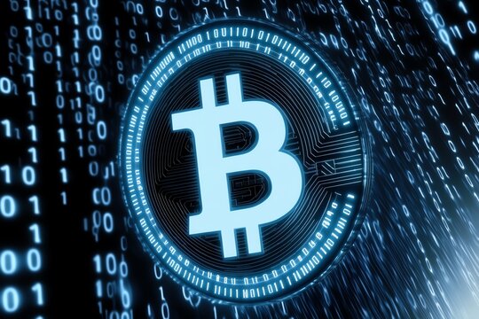 Digital representation of Bitcoin with binary code background, symbolizing cryptocurrency and blockchain technology innovation.