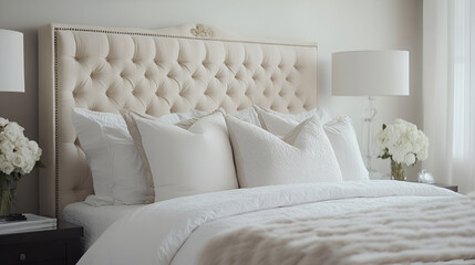 Bed with soft fluffy pillows at home, Bedroom interior, bed with pillows and blanket, lamp is on the bedside table, High-Resolution King-size Bed with Bedding
