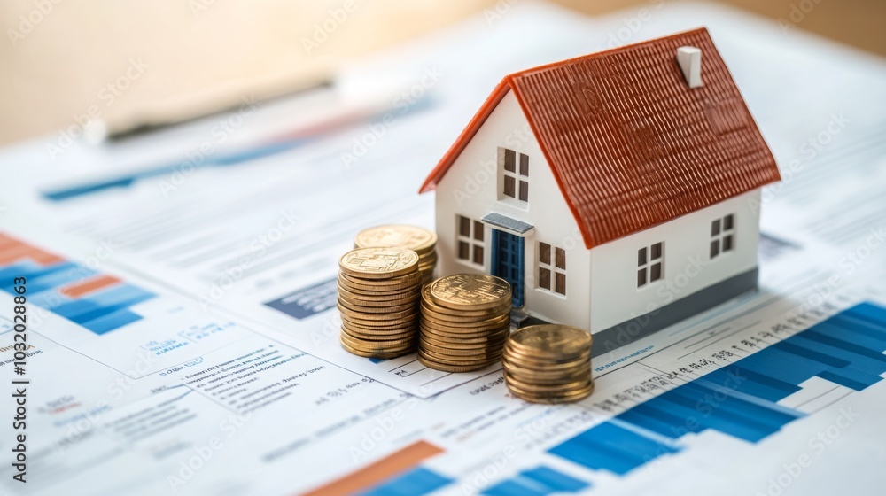 Poster a miniature white house with a red roof sits on a desk next to a stack of golden coins. the house is