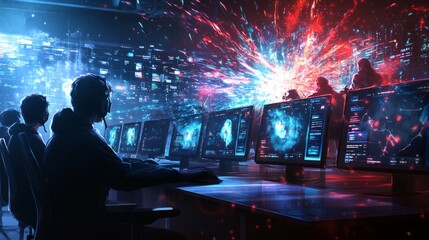 Esports players in intense scene with shattered screens and data swirls
