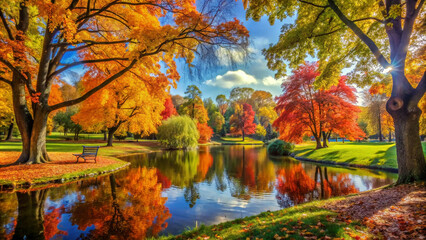 autumn in the park Golden sunlight filters through the canopy of a picturesque forest, illuminating the colorful foliage and creating a serene and magical atmosphere.