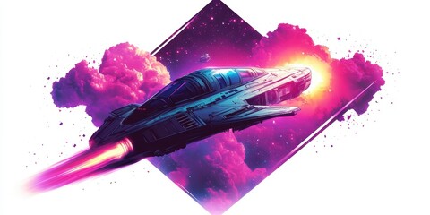 Spaceship flying through pink clouds in space.