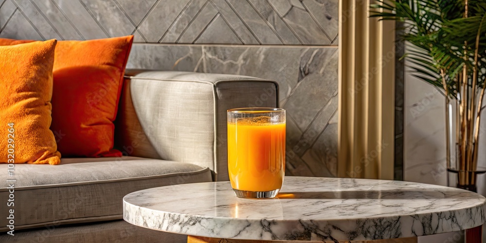 Poster Refreshing orange juice on a marble table near a comfy sofa.