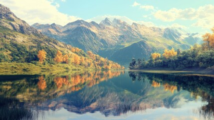 Obraz premium Mountain lake reflecting autumn foliage and sky.