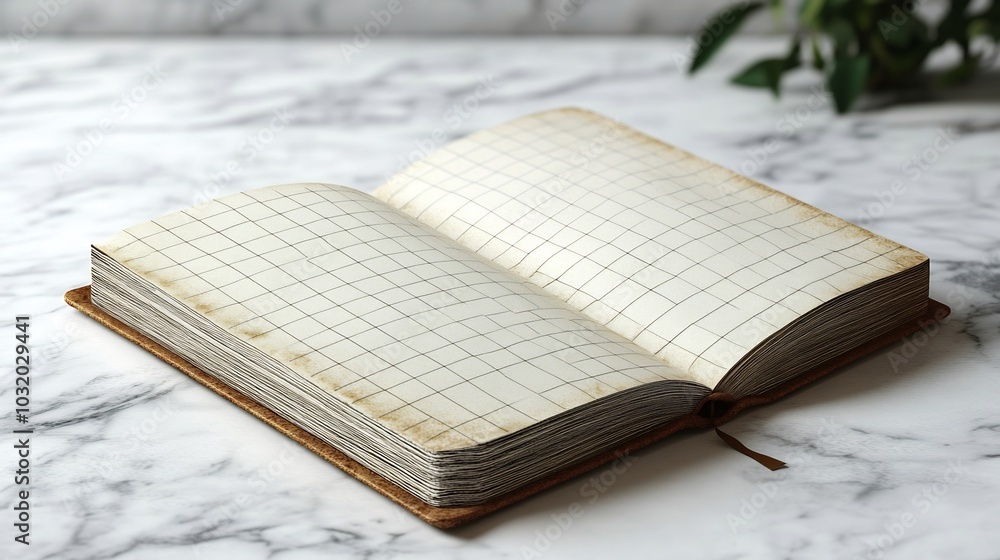 Poster minimalistic 3d rendering of a note book with realistic details featuring white grid paper and an op