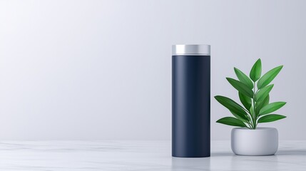 Stylish water bottle and modern plant against a minimalist background, perfect for eco-friendly lifestyle.