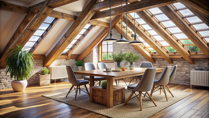 Fototapeta premium beautiful dining room with a panoramic view of the surrounding landscape. The large windows offer stunning vistas of the outdoors, while the comfortable seating and stylish decor make it a perfect pla