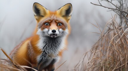 Fototapeta premium Red fox sitting in foggy grass, morning outdoors concept of wildlife and autumn scenery
