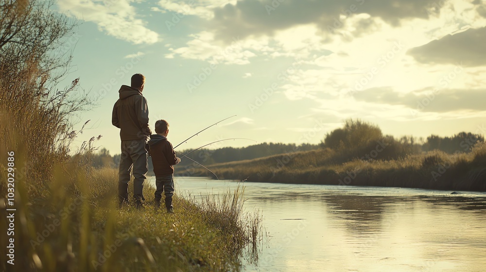 Wall mural A father and son fishing by a river.