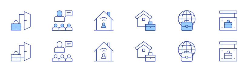 Work icon set in two styles, Duotone and Thin Line style. Editable stroke. working at home, worldwide, work, dismiss, boss, work from home
