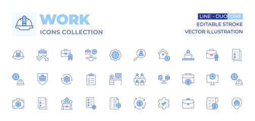 Work icons collection. Line Duotone style, editable stroke. evaluation, result, work space, checklist, arrows, job promotion, shield, working hours, work in progress, file