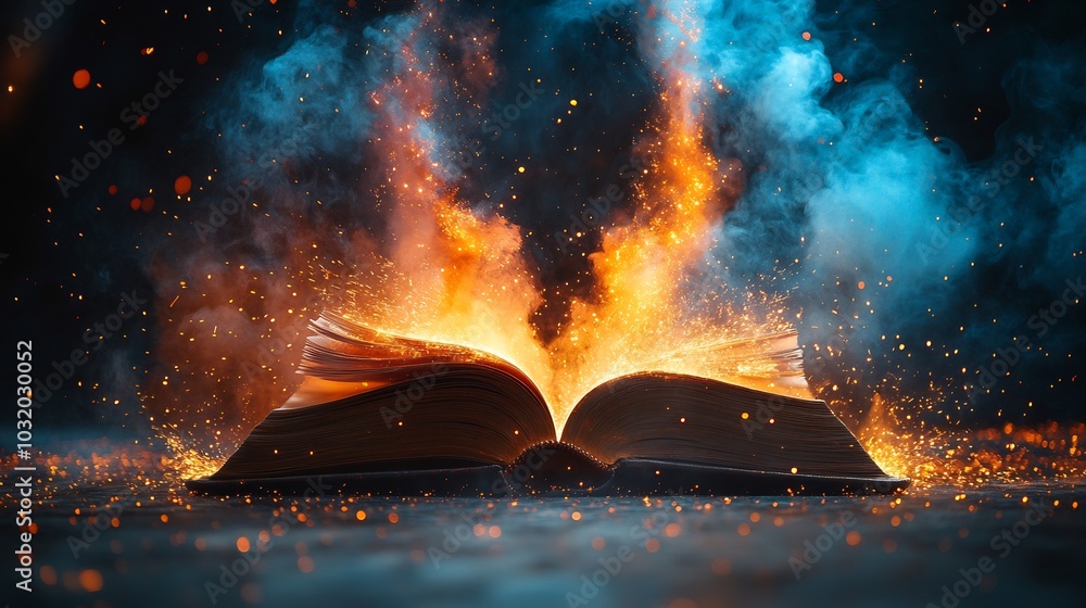 Poster minimalistic dark background with an open book in the center releasing streams of colorful dust and 