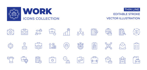 Work icons collection. Thin Line icons, editable stroke. working hours, work in progress, working at home, pin, deadline, report, directions, briefcase, wrench, work, list, money