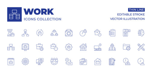 Work icons collection. Thin Line icons, editable stroke. working, work team, working at home, checklist, briefcase, job, work, work from home, exchange, work in progress, desk, gear