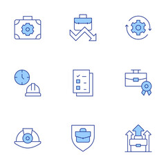 Work icons set. Line Duotone style, editable stroke. arrows, job promotion, briefcase, helmet, shield, working hours, work in progress, employment, file