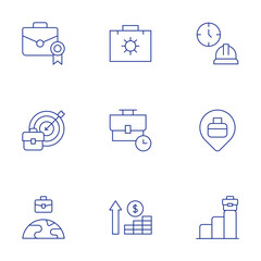 Work icons set. Thin Line style, editable stroke. briefcase, target, work, work in progress, working hours, work time, pin, money, job promotion