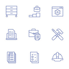 Work icons set. Thin Line style, editable stroke. tools, check list, work, helmet, survey, file, working, work in progress, work station