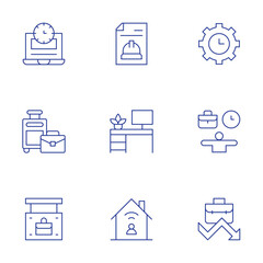 Work icons set. Thin Line style, editable stroke. work space, balance, suitcase, work from home, employment, work, working time, work in progress