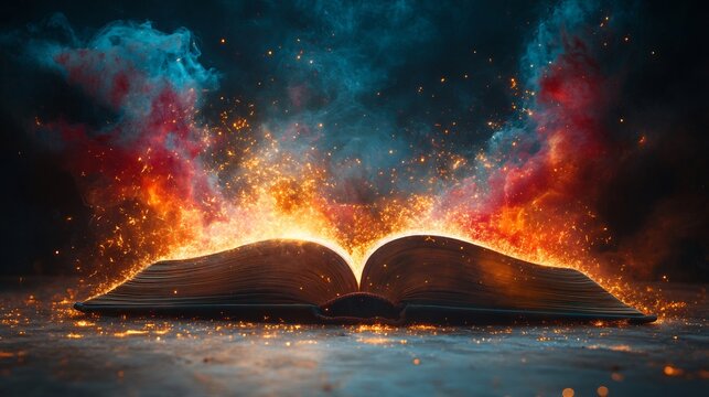 Minimalistic dark background with an open book in the center releasing streams of colorful dust and sparks into the air symbolizing the spread of knowledge and learning on World Book Day