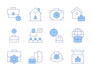 Work icons. Line Duotone style, editable stroke. work time, working at home, worldwide, work, dismiss, boss, work from home, helmet, working hours, work in progress