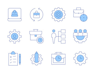 Work icons. Line Duotone style, editable stroke. working hours, assignment, briefcase, job, work, work in progress, gear, test, settings