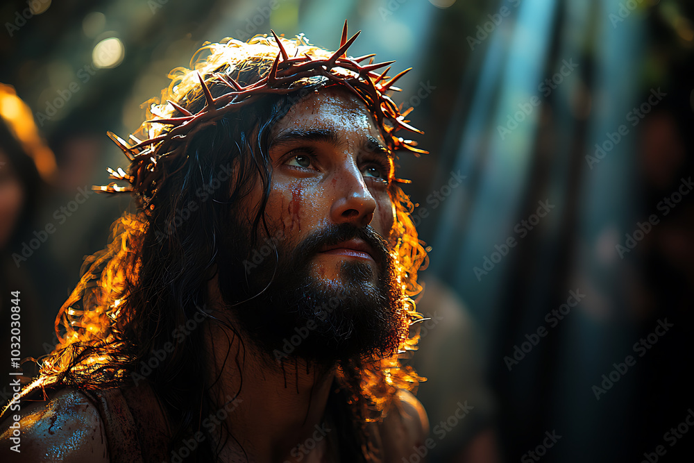 Wall mural jesus christ illuminated by a single beam of light from above. a crown of thorns rests on his head, 