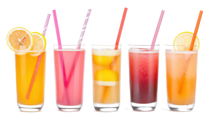 Colorful Summer Lemonades With Straws on Transparent Background Generative AI