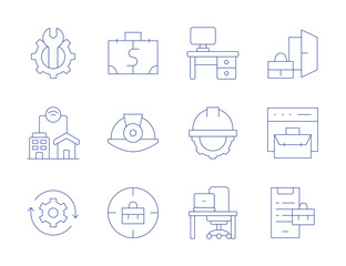 Work icons. Thin Line style, editable stroke. work in progress, work space, work from home, hard hat, workplace, arrows, money, dismiss, helmet, business, work