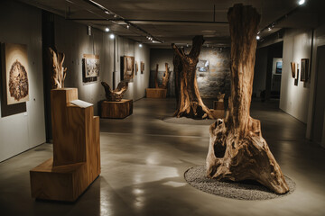 An art exhibit focusing on climate change impacts at COP30..A museum showcasing various wooden sculptures for visitors to enjoy