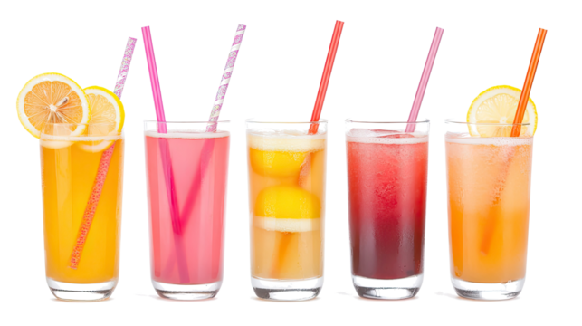 Colorful Summer Lemonades With Straws on Transparent Background Generative AI