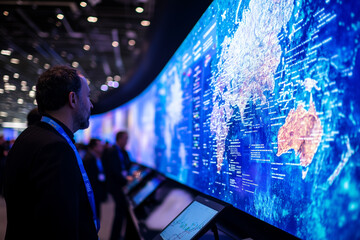 Delegates reviewing climate impact data on digital screens at COP30..A man is looking at a large world map on a screen
