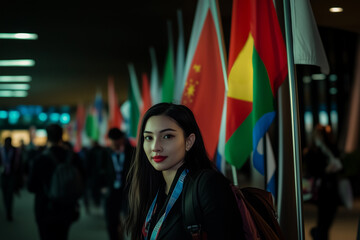 Fototapeta premium International delegates arriving for COP30 with their national flags..A woman is currently standing confidently in front of a row of flags