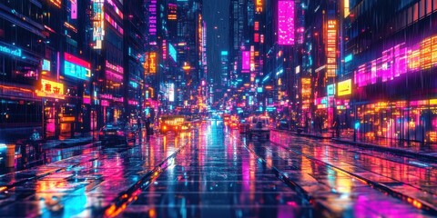 Obraz premium Neon-lit city street reflecting in wet pavement.